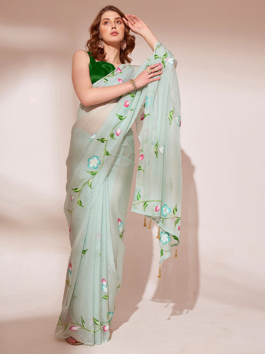 Sea Green Organza Saree With Blouse Piece