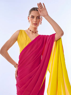 Pink & Yellow Chiffon Saree With Blouse Piece