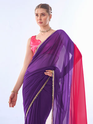 Purple & Pink Chiffon Saree With Blouse Piece