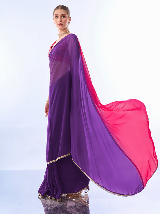 Purple & Pink Chiffon Saree With Blouse Piece