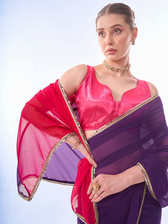 Purple & Pink Chiffon Saree With Blouse Piece