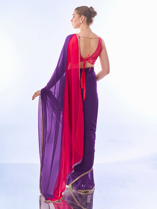 Purple & Pink Chiffon Saree With Blouse Piece