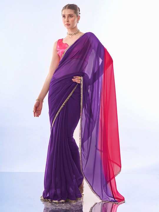 Purple & Pink Chiffon Saree With Blouse Piece