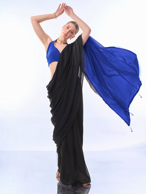 Black & Blue Chiffon Saree With Blouse Piece