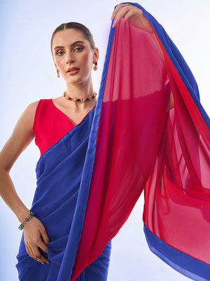 Blue & Pink Chiffon Saree With Blouse Piece