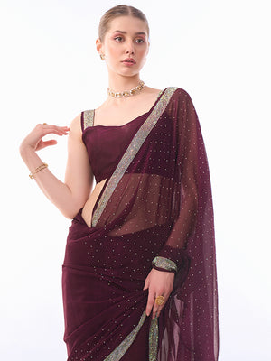 Wine Chiffon Saree With Blouse Piece