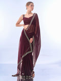 Wine Chiffon Saree With Blouse Piece