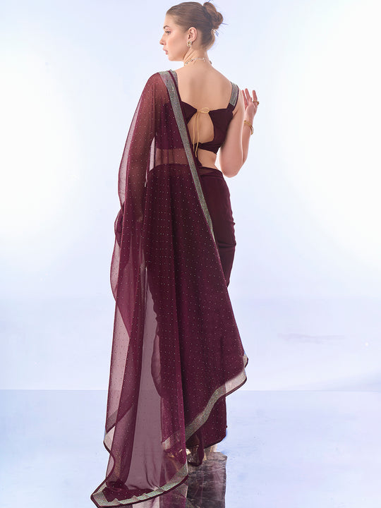 Wine Chiffon Saree With Blouse Piece