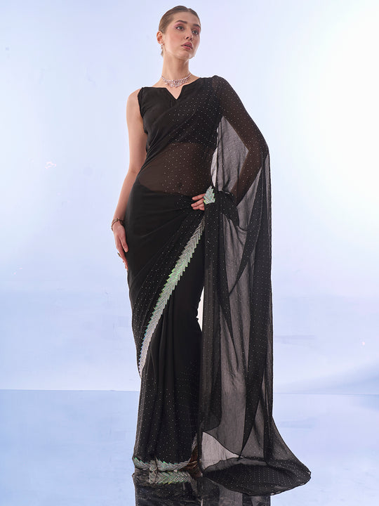 Black Satin Saree With Blouse Piece