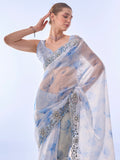 Blue Tissue Organza Saree With Blouse Piece