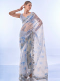 Blue Tissue Organza Saree With Blouse Piece