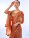 Gold Toned Metallic Orange Organza Saree With Blouse Piece