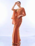 Gold Toned Metallic Orange Organza Saree With Blouse Piece