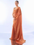 Gold Toned Metallic Orange Organza Saree With Blouse Piece