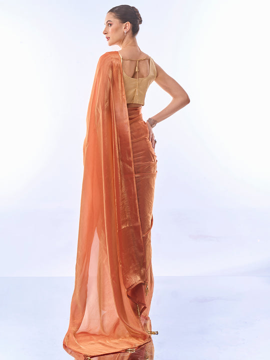 Gold Toned Metallic Orange Organza Saree With Blouse Piece