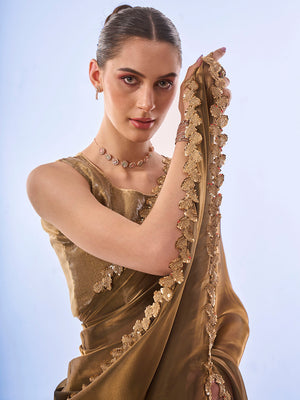 Metallic Gold Organza Saree With Blouse Piece