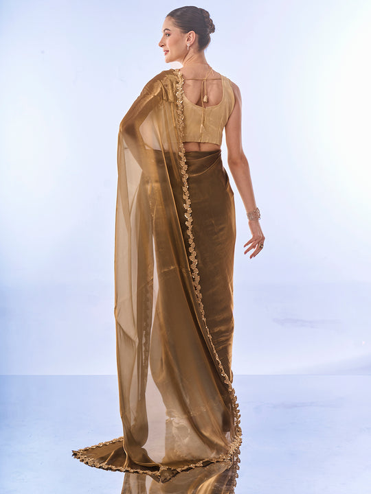 Metallic Gold Organza Saree With Blouse Piece