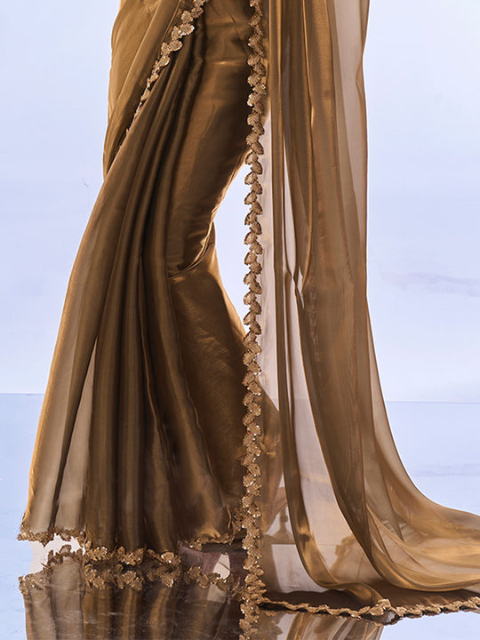 Metallic Gold Organza Saree With Blouse Piece