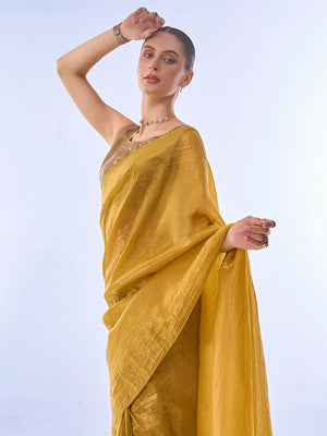 Metallic Yellow Organza Saree With Blouse Piece