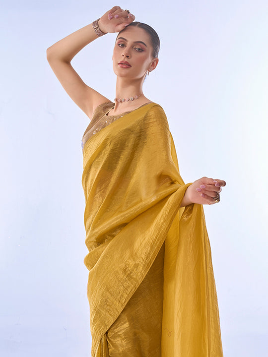 Metallic Yellow Organza Saree With Blouse Piece