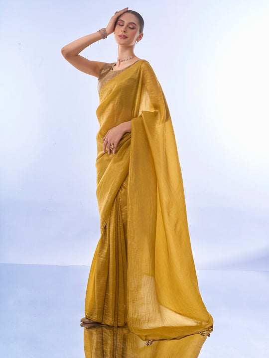 Metallic Yellow Organza Saree With Blouse Piece