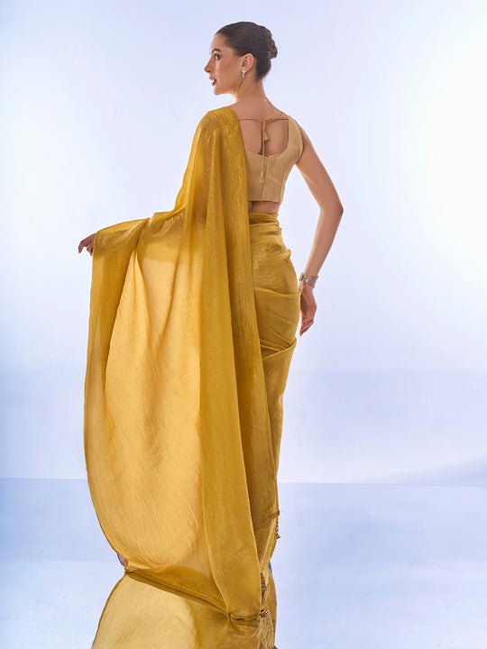 Metallic Yellow Organza Saree With Blouse Piece