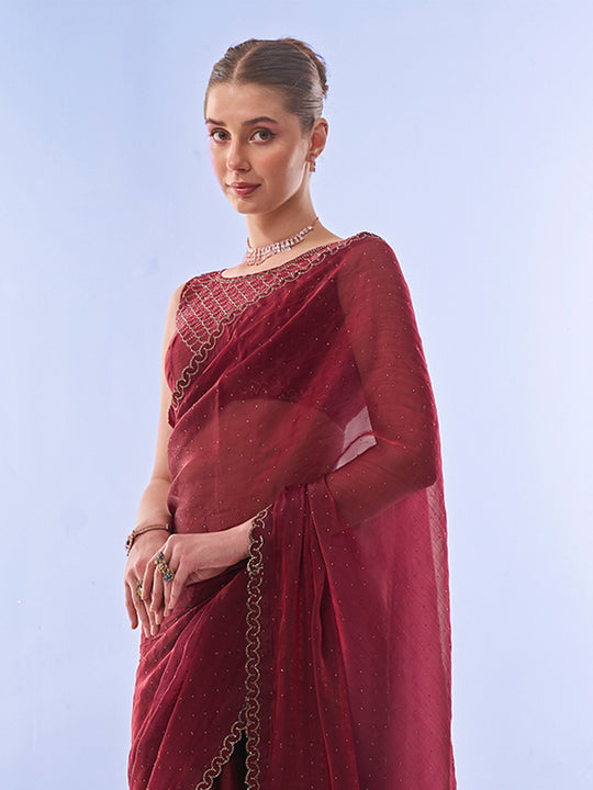 Maroon Chiffon Saree With Blouse Piece