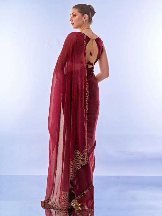 Maroon Chiffon Saree With Blouse Piece