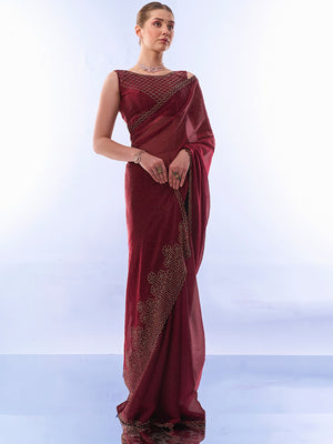 Maroon Chiffon Saree With Blouse Piece