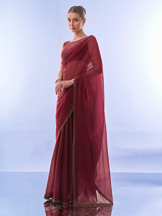 Maroon Chiffon Saree With Blouse Piece