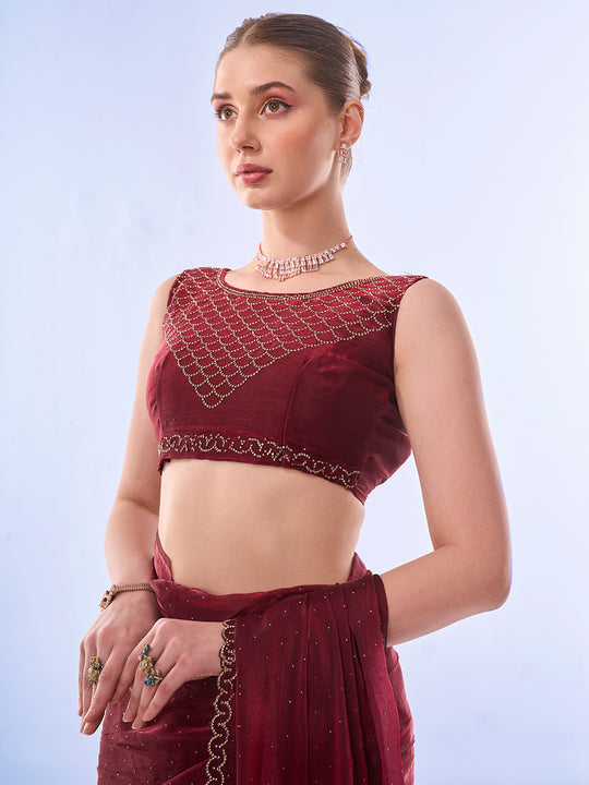 Maroon Chiffon Saree With Blouse Piece