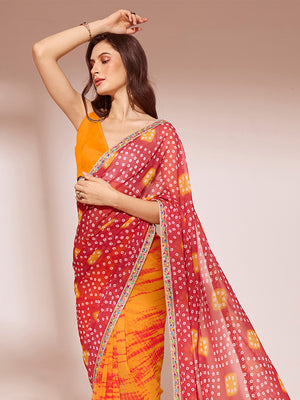 Orange And Red Georgette Saree With Blouse Piece