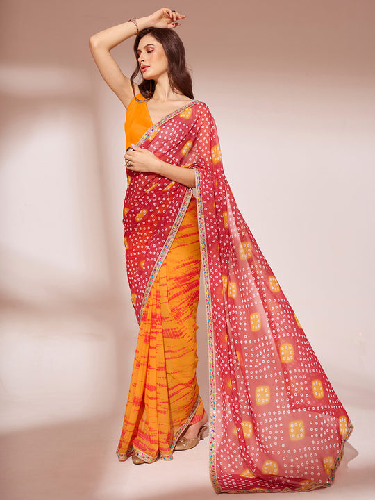 Orange And Red Georgette Saree With Blouse Piece
