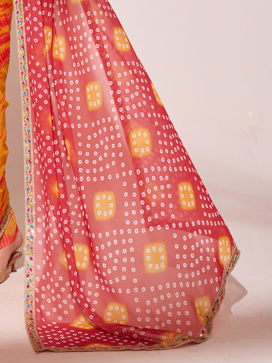 Orange And Red Georgette Saree With Blouse Piece