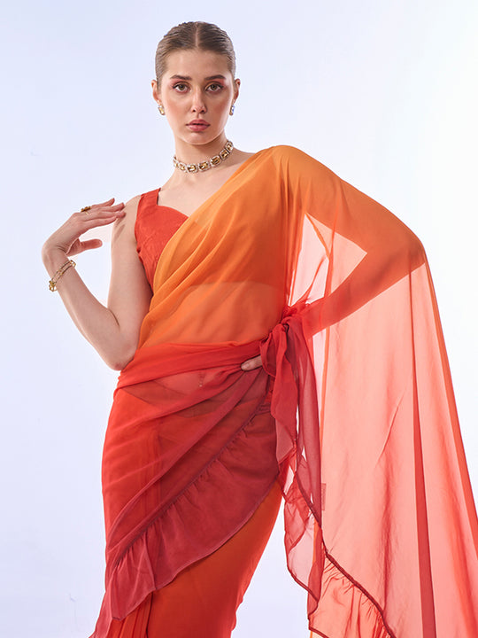 Ombre Red Georgette Saree With Blouse Piece