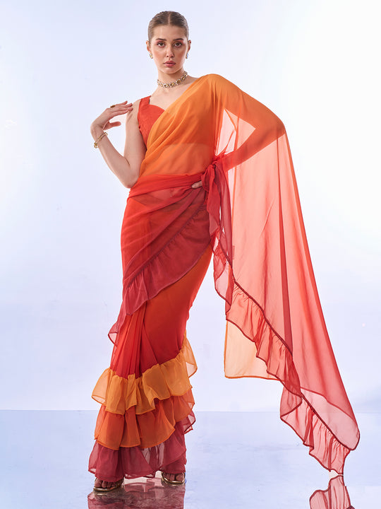 Ombre Red Georgette Saree With Blouse Piece