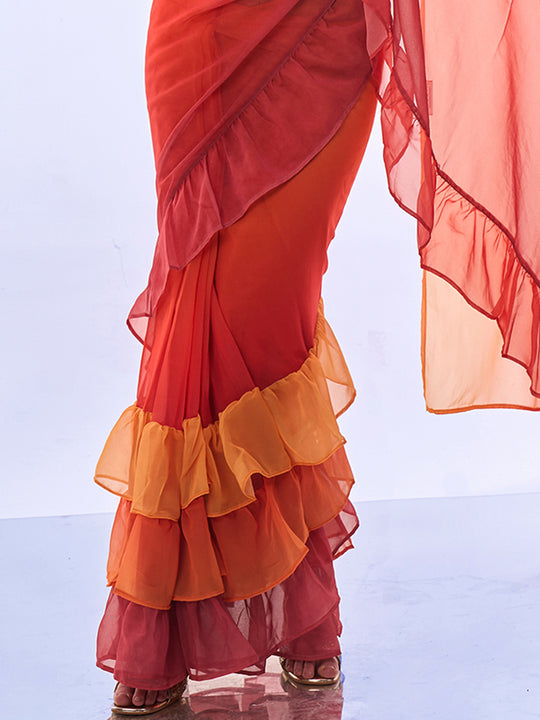 Ombre Red Georgette Saree With Blouse Piece