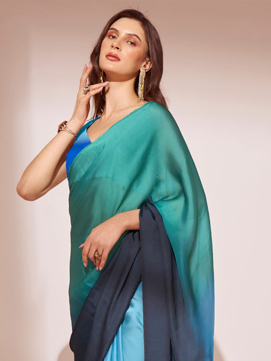 Ombre Blue Satin Saree With Blouse Piece