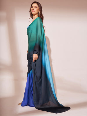 Ombre Blue Satin Saree With Blouse Piece
