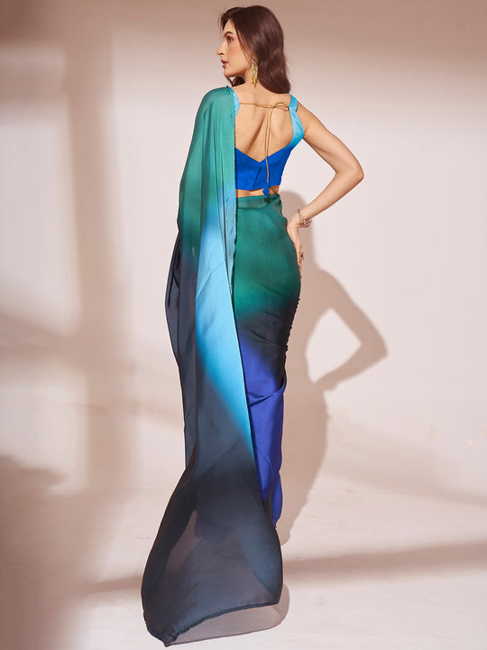 Ombre Blue Satin Saree With Blouse Piece