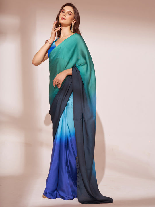 Ombre Blue Satin Saree With Blouse Piece