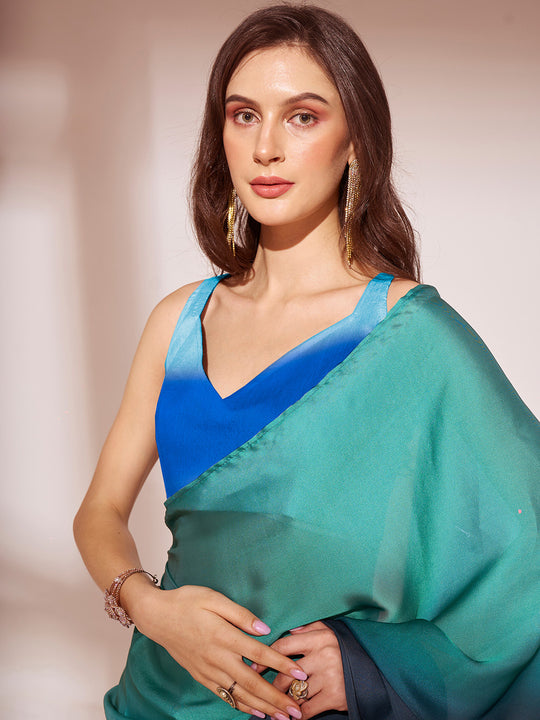 Ombre Blue Satin Saree With Blouse Piece