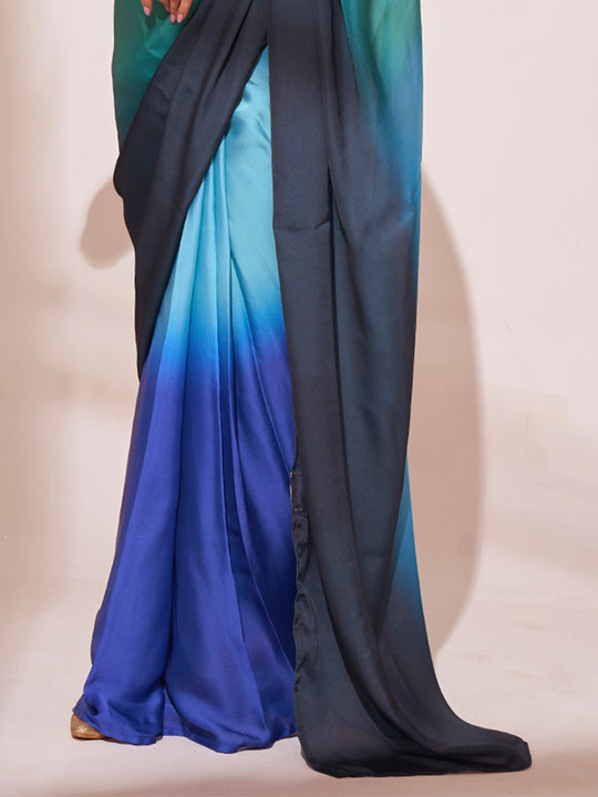 Ombre Blue Satin Saree With Blouse Piece