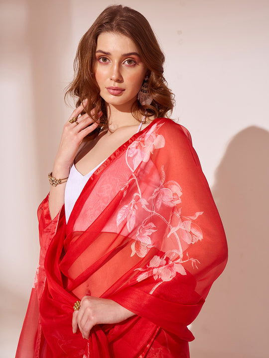 Red Organza Saree With Blouse Piece
