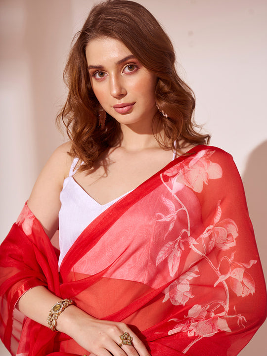 Red Organza Saree With Blouse Piece