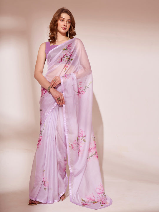 Lavender Organza Party Wear Saree With Blouse Piece