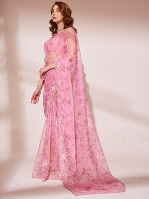 Pink Orgnza Tissue Saree With Blouse Piece