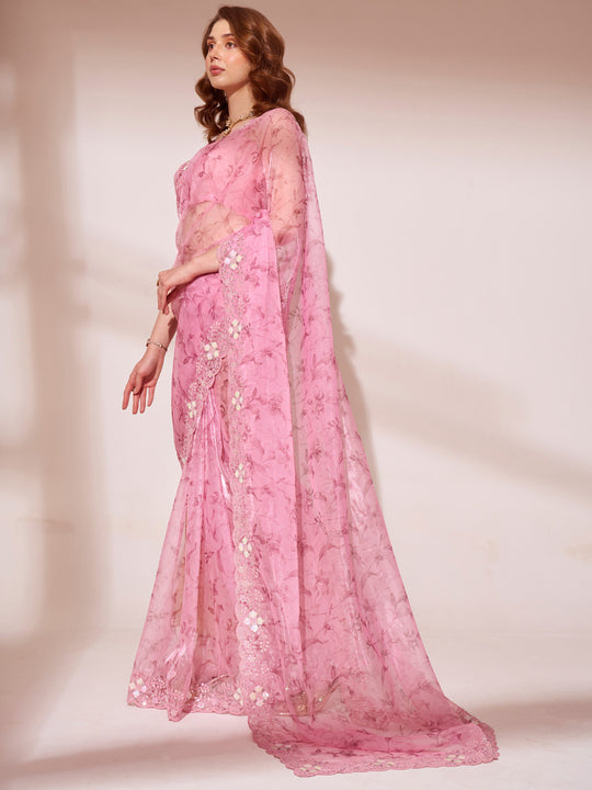 Pink Orgnza Tissue Saree With Blouse Piece