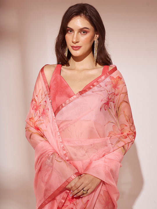 Pink Organza Saree With Blouse Piece