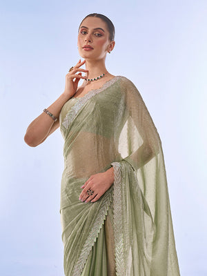 Pista Green Organza Saree With Blouse Piece